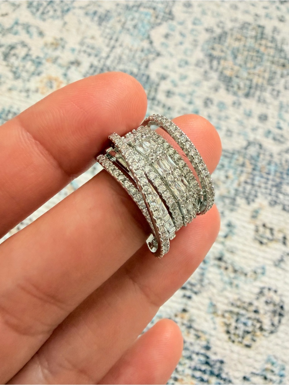 Silver Multi-Row Pavé Diamond Statement Ring Bridal Rings Size 8 - Picture 5 of 5